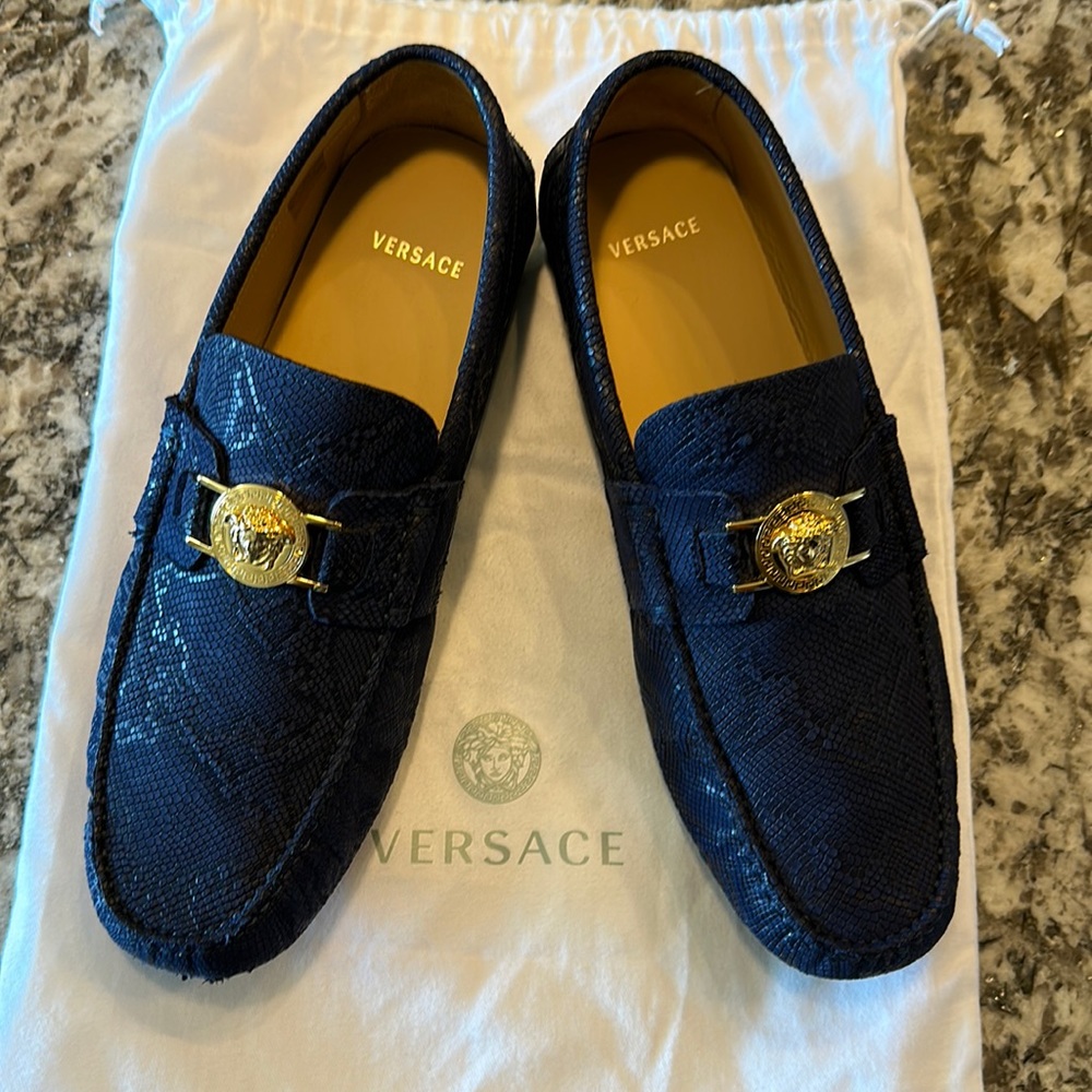 Versace python print car shoes. Size 42.  Cobalt Blue.